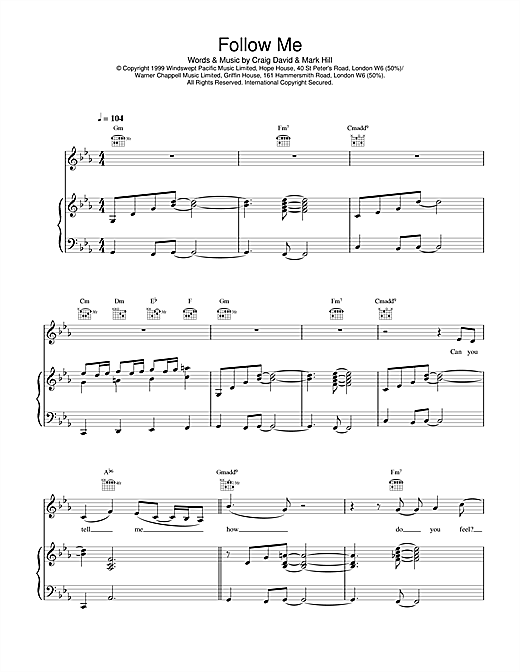 Preview Craig David Follow Me R & B sheet music, notes and chords for Piano, Vocal & Guitar, SKU: 14591 sheet music, piano notes, chords, guitar tabs, score, transpose, transcribe, how to play, guide, download, learn, tutorial, progression, song, artist, awards, billboard, mtv, vh1, tour, single, album, release