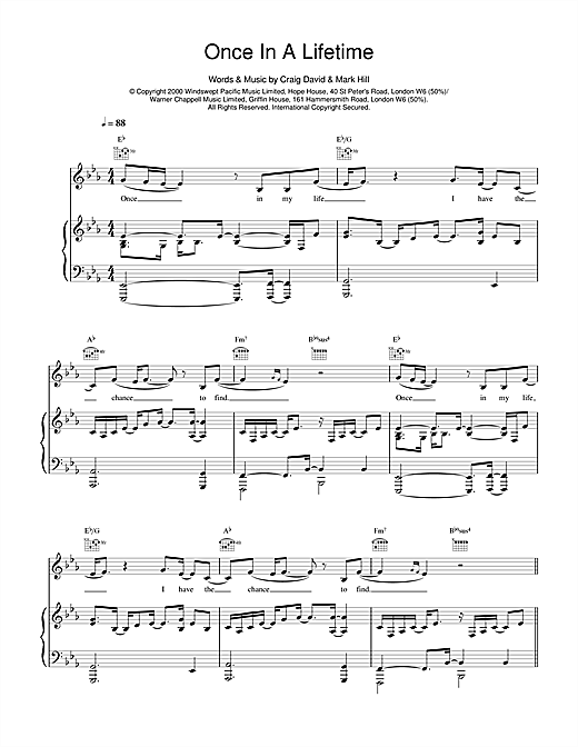 Preview Craig David Once In A Lifetime R & B sheet music, notes and chords for Piano, Vocal & Guitar, SKU: 14593 sheet music, piano notes, chords, guitar tabs, score, transpose, transcribe, how to play, guide, download, learn, tutorial, progression, song, artist, awards, billboard, mtv, vh1, tour, single, album, release