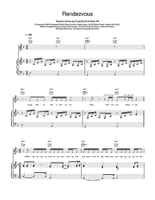 Preview Craig David Rendezvous R & B sheet music, notes and chords for Piano, Vocal & Guitar, SKU: 14594 sheet music, piano notes, chords, guitar tabs, score, transpose, transcribe, how to play, guide, download, learn, tutorial, progression, song, artist, awards, billboard, mtv, vh1, tour, single, album, release