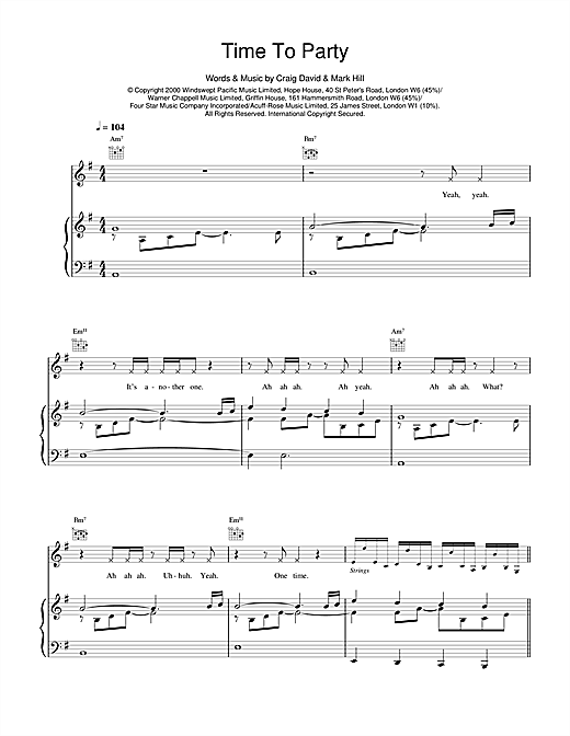Preview Craig David Time To Party R & B sheet music, notes and chords for Piano, Vocal & Guitar, SKU: 14596 sheet music, piano notes, chords, guitar tabs, score, transpose, transcribe, how to play, guide, download, learn, tutorial, progression, song, artist, awards, billboard, mtv, vh1, tour, single, album, release