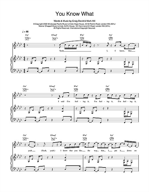 Preview Craig David You Know What R & B sheet music, notes and chords for Piano, Vocal & Guitar, SKU: 14598 sheet music, piano notes, chords, guitar tabs, score, transpose, transcribe, how to play, guide, download, learn, tutorial, progression, song, artist, awards, billboard, mtv, vh1, tour, single, album, release