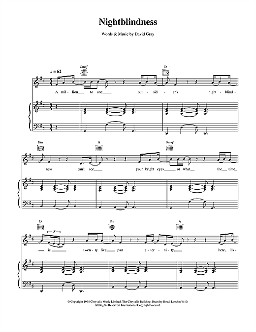 Preview David Gray Nightblindness Pop sheet music, notes and chords for Piano, Vocal & Guitar, SKU: 14601 sheet music, piano notes, chords, guitar tabs, score, transpose, transcribe, how to play, guide, download, learn, tutorial, progression, song, artist, awards, billboard, mtv, vh1, tour, single, album, release