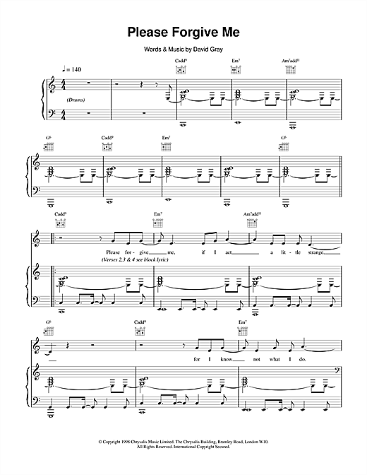 Preview David Gray Please Forgive Me Pop sheet music, notes and chords for Piano, Vocal & Guitar, SKU: 14602 sheet music, piano notes, chords, guitar tabs, score, transpose, transcribe, how to play, guide, download, learn, tutorial, progression, song, artist, awards, billboard, mtv, vh1, tour, single, album, release