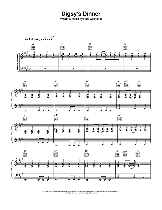 Preview Oasis Digsy's Dinner Pop sheet music, notes and chords for Piano, Vocal & Guitar (Right-Hand Melody), SKU: 14609 sheet music, piano notes, chords, guitar tabs, score, transpose, transcribe, how to play, guide, download, learn, tutorial, progression, song, artist, awards, billboard, mtv, vh1, tour, single, album, release