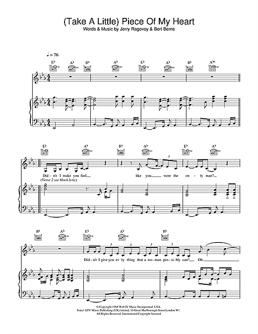 Preview Erma Franklin (Take A Little) Piece Of My Heart Pop sheet music, notes and chords for Piano, Vocal & Guitar, SKU: 14612 sheet music, piano notes, chords, guitar tabs, score, transpose, transcribe, how to play, guide, download, learn, tutorial, progression, song, artist, awards, billboard, mtv, vh1, tour, single, album, release