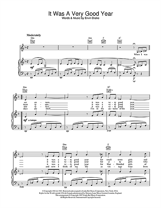 Preview Frank Sinatra It Was A Very Good Year Jazz sheet music, notes and chords for Piano, Vocal & Guitar (Right-Hand Melody), SKU: 14618 sheet music, piano notes, chords, guitar tabs, score, transpose, transcribe, how to play, guide, download, learn, tutorial, progression, song, artist, awards, billboard, mtv, vh1, tour, single, album, release