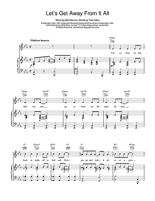 Preview Frank Sinatra Let's Get Away From It All Jazz sheet music, notes and chords for Piano, Vocal & Guitar (Right-Hand Melody), SKU: 14619 sheet music, piano notes, chords, guitar tabs, score, transpose, transcribe, how to play, guide, download, learn, tutorial, progression, song, artist, awards, billboard, mtv, vh1, tour, single, album, release