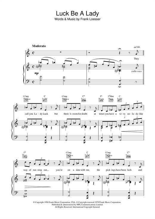 Preview Frank Sinatra Luck, Be A Lady (from Guys And Dolls) Jazz sheet music, notes and chords for Piano, Vocal & Guitar (Right-Hand Melody), SKU: 14620 sheet music, piano notes, chords, guitar tabs, score, transpose, transcribe, how to play, guide, download, learn, tutorial, progression, song, artist, awards, billboard, mtv, vh1, tour, single, album, release