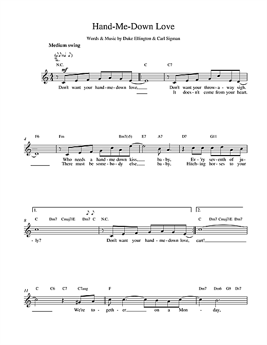 Preview Duke Ellington Hand Me Down Jazz sheet music, notes and chords for Melody Line, Lyrics & Chords, SKU: 14626 sheet music, piano notes, chords, guitar tabs, score, transpose, transcribe, how to play, guide, download, learn, tutorial, progression, song, artist, awards, billboard, mtv, vh1, tour, single, album, release
