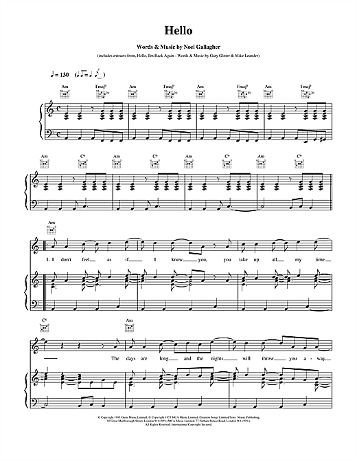 Preview Oasis Hello Pop sheet music, notes and chords for Piano, Vocal & Guitar (Right-Hand Melody), SKU: 14628 sheet music, piano notes, chords, guitar tabs, score, transpose, transcribe, how to play, guide, download, learn, tutorial, progression, song, artist, awards, billboard, mtv, vh1, tour, single, album, release