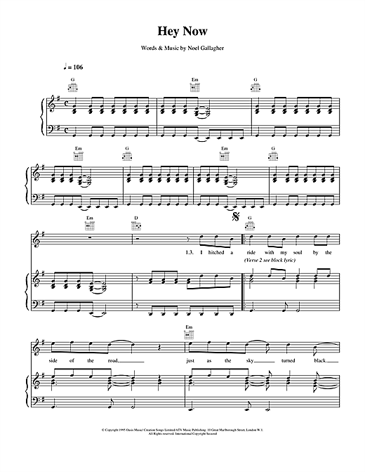 Preview Oasis Hey Now Pop sheet music, notes and chords for Piano, Vocal & Guitar (Right-Hand Melody), SKU: 14629 sheet music, piano notes, chords, guitar tabs, score, transpose, transcribe, how to play, guide, download, learn, tutorial, progression, song, artist, awards, billboard, mtv, vh1, tour, single, album, release