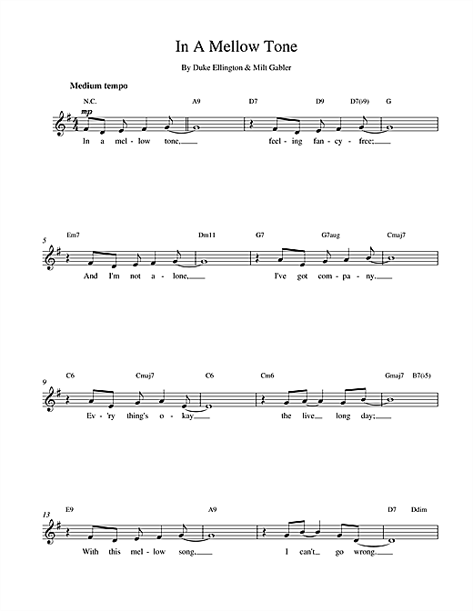Preview Duke Ellington In A Mellow Tone Jazz sheet music, notes and chords for Melody Line, Lyrics & Chords, SKU: 14634 sheet music, piano notes, chords, guitar tabs, score, transpose, transcribe, how to play, guide, download, learn, tutorial, progression, song, artist, awards, billboard, mtv, vh1, tour, single, album, release