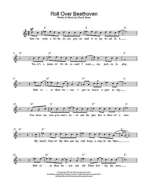 Preview Jerry Lee Lewis Roll Over Beethoven Rock N Roll sheet music, notes and chords for Melody Line, Lyrics & Chords, SKU: 14636 sheet music, piano notes, chords, guitar tabs, score, transpose, transcribe, how to play, guide, download, learn, tutorial, progression, song, artist, awards, billboard, mtv, vh1, tour, single, album, release