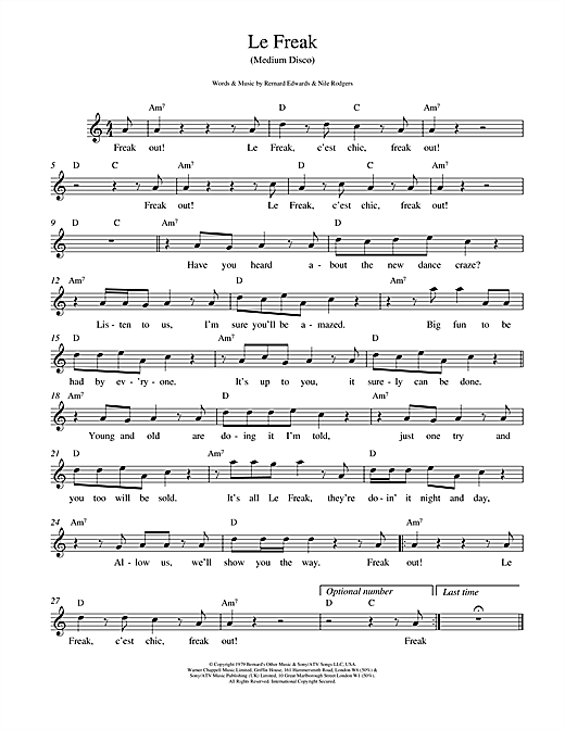 Preview Chic Le Freak Disco sheet music, notes and chords for Melody Line, Lyrics & Chords, SKU: 14644 sheet music, piano notes, chords, guitar tabs, score, transpose, transcribe, how to play, guide, download, learn, tutorial, progression, song, artist, awards, billboard, mtv, vh1, tour, single, album, release