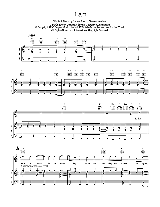 Preview The Levellers 4am Pop sheet music, notes and chords for Piano, Vocal & Guitar (Right-Hand Melody), SKU: 14649 sheet music, piano notes, chords, guitar tabs, score, transpose, transcribe, how to play, guide, download, learn, tutorial, progression, song, artist, awards, billboard, mtv, vh1, tour, single, album, release