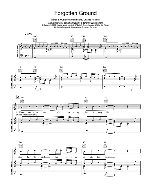 Preview The Levellers Forgotten Ground Pop sheet music, notes and chords for Piano, Vocal & Guitar (Right-Hand Melody), SKU: 14652 sheet music, piano notes, chords, guitar tabs, score, transpose, transcribe, how to play, guide, download, learn, tutorial, progression, song, artist, awards, billboard, mtv, vh1, tour, single, album, release