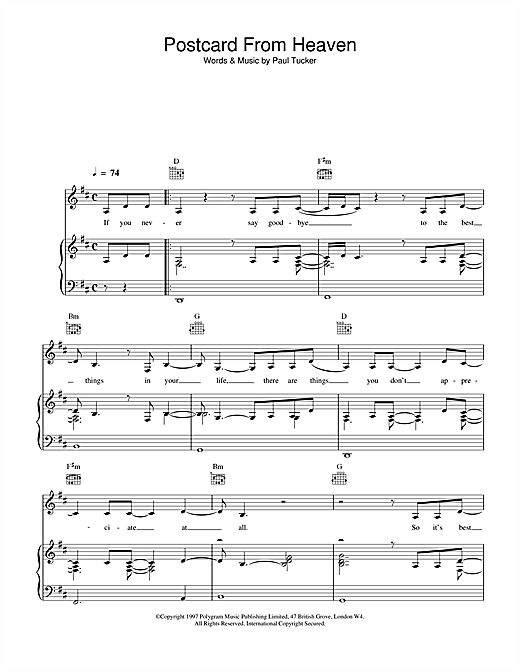 Preview The Lighthouse Family Postcard From Heaven Rock sheet music, notes and chords for Piano, Vocal & Guitar (Right-Hand Melody), SKU: 14665 sheet music, piano notes, chords, guitar tabs, score, transpose, transcribe, how to play, guide, download, learn, tutorial, progression, song, artist, awards, billboard, mtv, vh1, tour, single, album, release