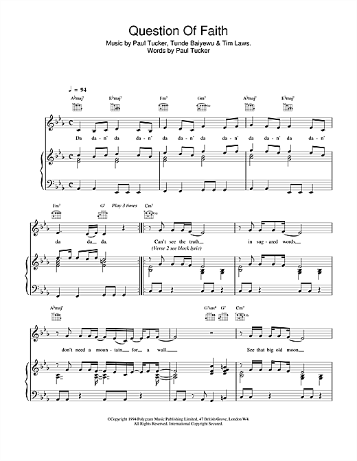 Preview The Lighthouse Family Question Of Faith Rock sheet music, notes and chords for Piano, Vocal & Guitar (Right-Hand Melody), SKU: 14666 sheet music, piano notes, chords, guitar tabs, score, transpose, transcribe, how to play, guide, download, learn, tutorial, progression, song, artist, awards, billboard, mtv, vh1, tour, single, album, release