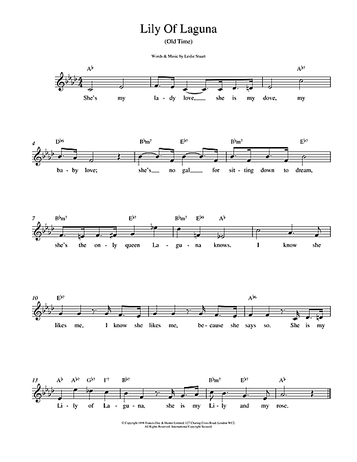 Preview Leslie Stuart Lily Of Laguna Easy Listening sheet music, notes and chords for Melody Line, Lyrics & Chords, SKU: 14671 sheet music, piano notes, chords, guitar tabs, score, transpose, transcribe, how to play, guide, download, learn, tutorial, progression, song, artist, awards, billboard, mtv, vh1, tour, single, album, release