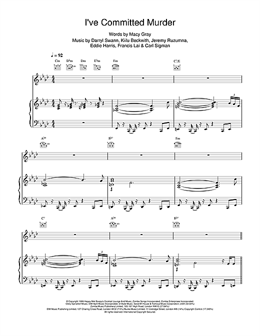 Preview Macy Gray I've Committed Murder R & B sheet music, notes and chords for Piano, Vocal & Guitar, SKU: 14683 sheet music, piano notes, chords, guitar tabs, score, transpose, transcribe, how to play, guide, download, learn, tutorial, progression, song, artist, awards, billboard, mtv, vh1, tour, single, album, release