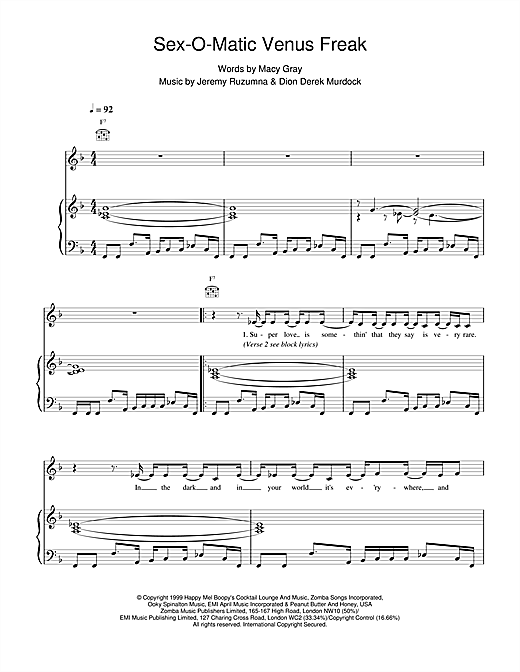 Preview Macy Gray Sexomatic Venus Freak R & B sheet music, notes and chords for Piano, Vocal & Guitar, SKU: 14684 sheet music, piano notes, chords, guitar tabs, score, transpose, transcribe, how to play, guide, download, learn, tutorial, progression, song, artist, awards, billboard, mtv, vh1, tour, single, album, release