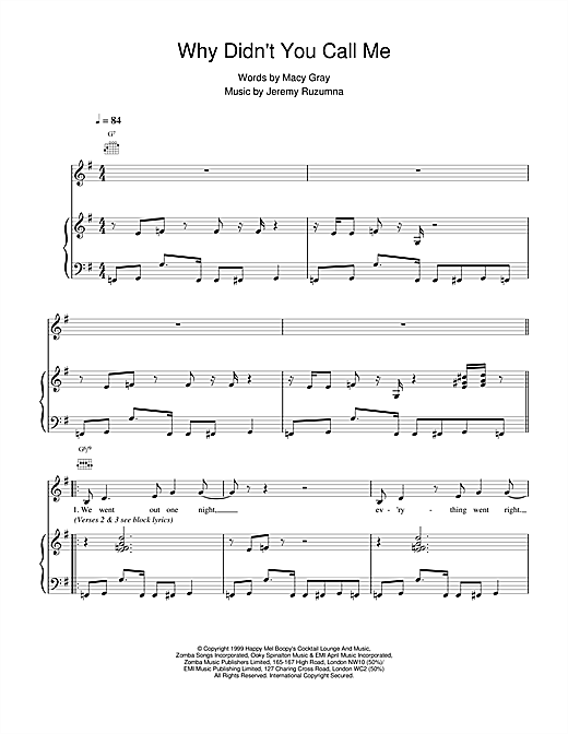 Preview Macy Gray Why Didnt You Call Me R & B sheet music, notes and chords for Piano, Vocal & Guitar, SKU: 14685 sheet music, piano notes, chords, guitar tabs, score, transpose, transcribe, how to play, guide, download, learn, tutorial, progression, song, artist, awards, billboard, mtv, vh1, tour, single, album, release