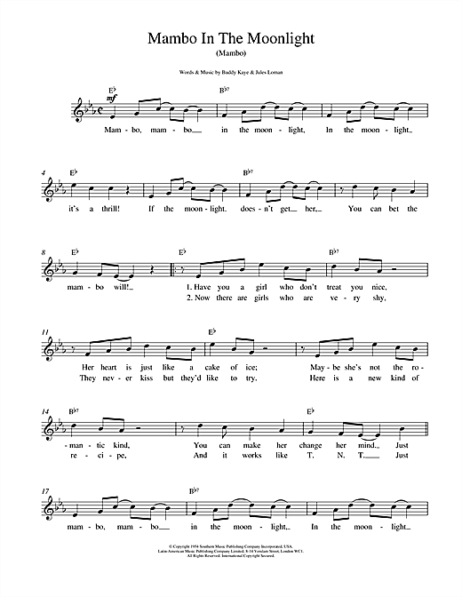 Preview Buddy Kaye Mambo In The Moonlight Jazz sheet music, notes and chords for Melody Line, Lyrics & Chords, SKU: 14686 sheet music, piano notes, chords, guitar tabs, score, transpose, transcribe, how to play, guide, download, learn, tutorial, progression, song, artist, awards, billboard, mtv, vh1, tour, single, album, release