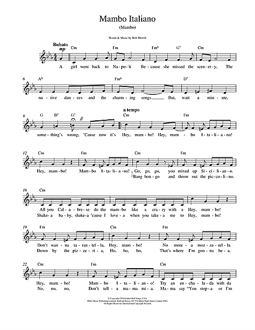 Preview Bob Merrill Mambo Italiano Pop sheet music, notes and chords for Melody Line, Lyrics & Chords, SKU: 14687 sheet music, piano notes, chords, guitar tabs, score, transpose, transcribe, how to play, guide, download, learn, tutorial, progression, song, artist, awards, billboard, mtv, vh1, tour, single, album, release