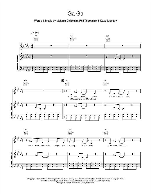 Preview Melanie C Ga Ga Pop sheet music, notes and chords for Piano, Vocal & Guitar, SKU: 14696 sheet music, piano notes, chords, guitar tabs, score, transpose, transcribe, how to play, guide, download, learn, tutorial, progression, song, artist, awards, billboard, mtv, vh1, tour, single, album, release