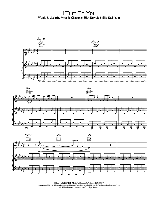 Preview Melanie C I Turn To You Pop sheet music, notes and chords for Piano, Vocal & Guitar, SKU: 14698 sheet music, piano notes, chords, guitar tabs, score, transpose, transcribe, how to play, guide, download, learn, tutorial, progression, song, artist, awards, billboard, mtv, vh1, tour, single, album, release