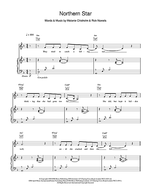 Preview Melanie C Northern Star Pop sheet music, notes and chords for Piano, Vocal & Guitar, SKU: 14701 sheet music, piano notes, chords, guitar tabs, score, transpose, transcribe, how to play, guide, download, learn, tutorial, progression, song, artist, awards, billboard, mtv, vh1, tour, single, album, release