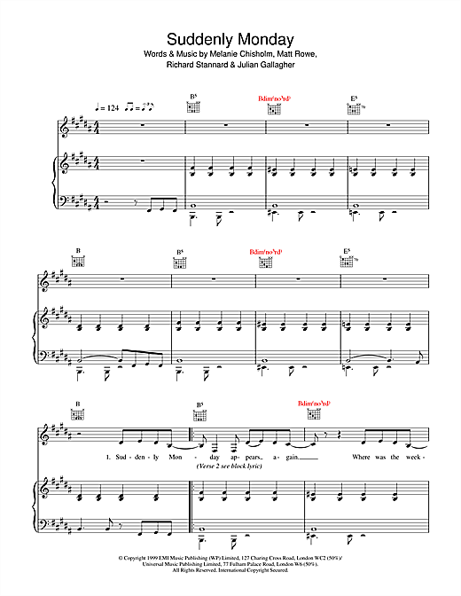 Preview Melanie C Suddenly Monday Pop sheet music, notes and chords for Piano, Vocal & Guitar, SKU: 14702 sheet music, piano notes, chords, guitar tabs, score, transpose, transcribe, how to play, guide, download, learn, tutorial, progression, song, artist, awards, billboard, mtv, vh1, tour, single, album, release