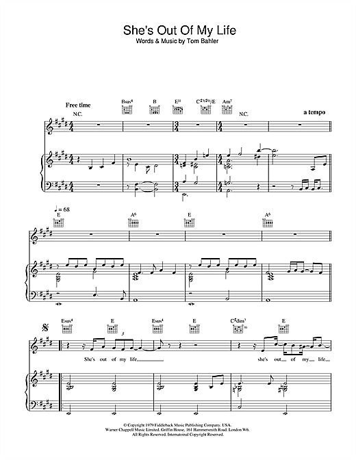 Preview Michael Jackson She's Out Of My Life Pop sheet music, notes and chords for Piano, Vocal & Guitar, SKU: 14706 sheet music, piano notes, chords, guitar tabs, score, transpose, transcribe, how to play, guide, download, learn, tutorial, progression, song, artist, awards, billboard, mtv, vh1, tour, single, album, release