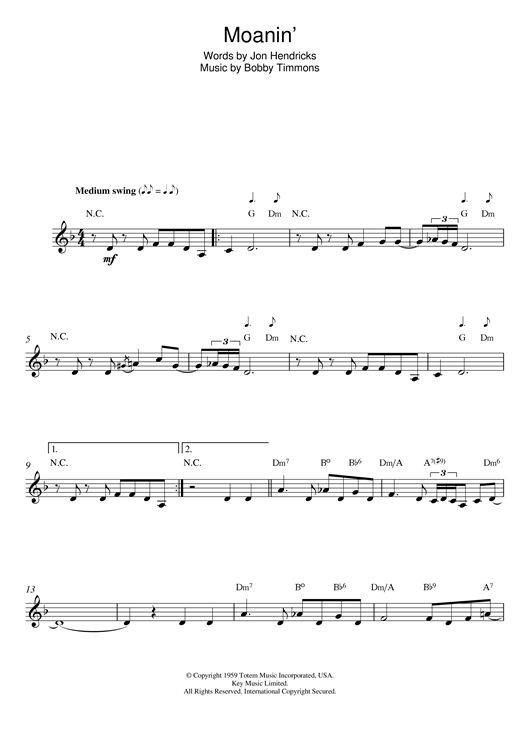 Preview Bobby Timmons Moanin' Jazz sheet music, notes and chords for Melody Line, Lyrics & Chords, SKU: 14707 sheet music, piano notes, chords, guitar tabs, score, transpose, transcribe, how to play, guide, download, learn, tutorial, progression, song, artist, awards, billboard, mtv, vh1, tour, single, album, release