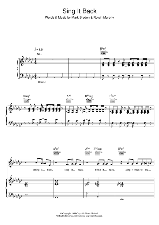Preview Moloko Sing It Back Pop sheet music, notes and chords for Piano, Vocal & Guitar, SKU: 14708 sheet music, piano notes, chords, guitar tabs, score, transpose, transcribe, how to play, guide, download, learn, tutorial, progression, song, artist, awards, billboard, mtv, vh1, tour, single, album, release