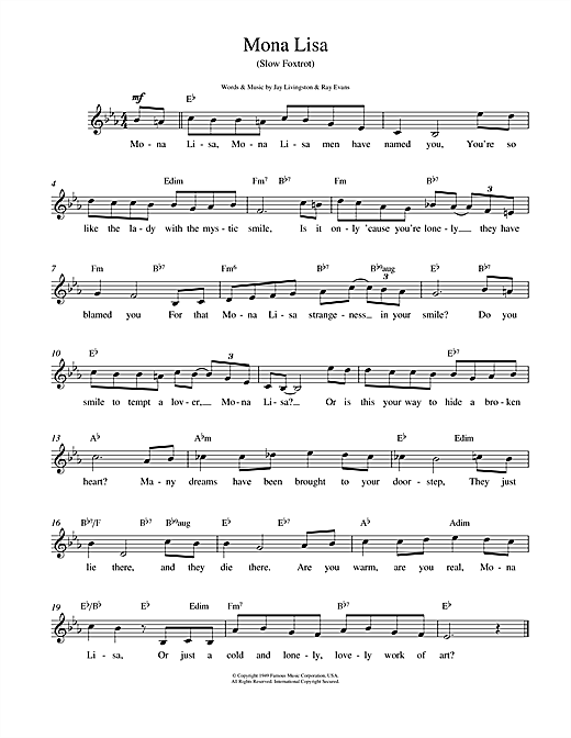 Preview Nat King Cole Mona Lisa Rock N Roll sheet music, notes and chords for Melody Line, Lyrics & Chords, SKU: 14709 sheet music, piano notes, chords, guitar tabs, score, transpose, transcribe, how to play, guide, download, learn, tutorial, progression, song, artist, awards, billboard, mtv, vh1, tour, single, album, release