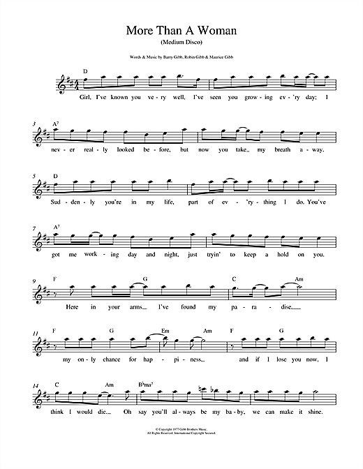 Preview Bee Gees More Than A Woman Disco sheet music, notes and chords for Melody Line, Lyrics & Chords, SKU: 14711 sheet music, piano notes, chords, guitar tabs, score, transpose, transcribe, how to play, guide, download, learn, tutorial, progression, song, artist, awards, billboard, mtv, vh1, tour, single, album, release