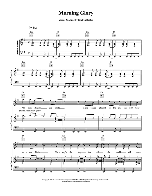 Preview Oasis Morning Glory Pop sheet music, notes and chords for Piano, Vocal & Guitar (Right-Hand Melody), SKU: 14712 sheet music, piano notes, chords, guitar tabs, score, transpose, transcribe, how to play, guide, download, learn, tutorial, progression, song, artist, awards, billboard, mtv, vh1, tour, single, album, release