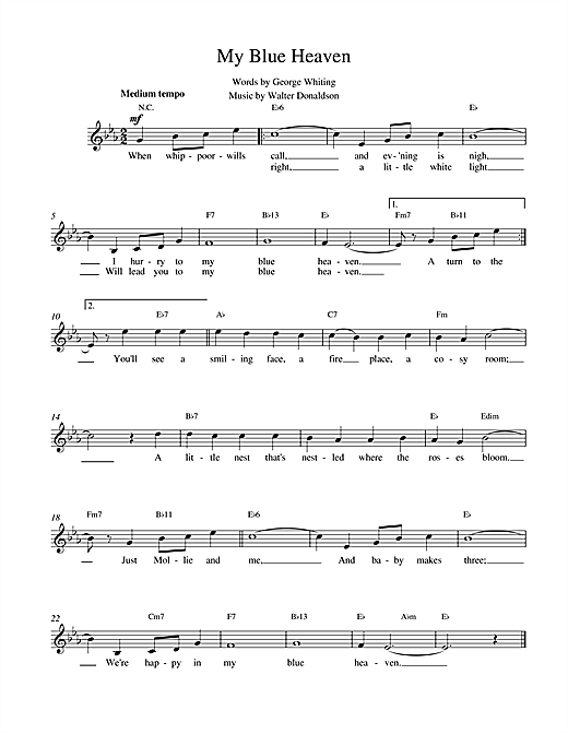 Preview Walter Donaldson My Blue Heaven Jazz sheet music, notes and chords for Melody Line, Lyrics & Chords, SKU: 14713 sheet music, piano notes, chords, guitar tabs, score, transpose, transcribe, how to play, guide, download, learn, tutorial, progression, song, artist, awards, billboard, mtv, vh1, tour, single, album, release