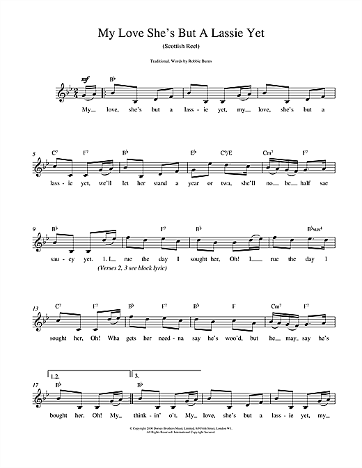 Preview Traditional My Love She's But A Lassie Yet Folk sheet music, notes and chords for Melody Line, Lyrics & Chords, SKU: 14716 sheet music, piano notes, chords, guitar tabs, score, transpose, transcribe, how to play, guide, download, learn, tutorial, progression, song, artist, awards, billboard, mtv, vh1, tour, single, album, release