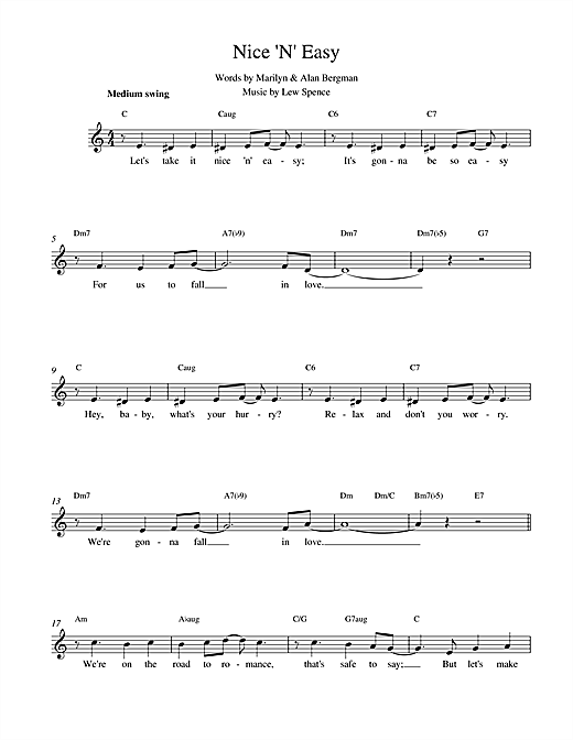 Preview Lew Spence Nice 'N' Easy Easy Listening sheet music, notes and chords for Melody Line, Lyrics & Chords, SKU: 14717 sheet music, piano notes, chords, guitar tabs, score, transpose, transcribe, how to play, guide, download, learn, tutorial, progression, song, artist, awards, billboard, mtv, vh1, tour, single, album, release