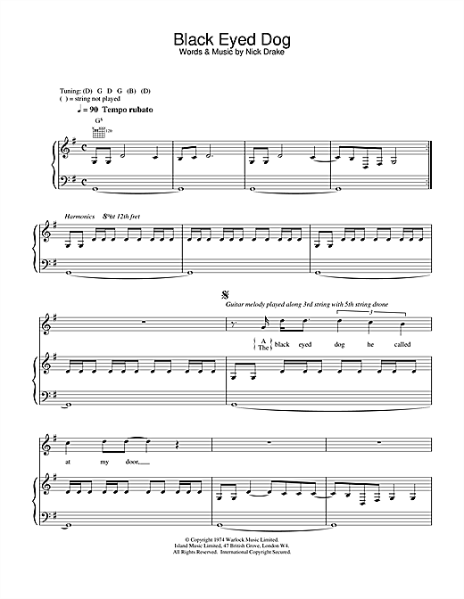 Preview Nick Drake Black Eyed Dog Rock sheet music, notes and chords for Piano, Vocal & Guitar, SKU: 14719 sheet music, piano notes, chords, guitar tabs, score, transpose, transcribe, how to play, guide, download, learn, tutorial, progression, song, artist, awards, billboard, mtv, vh1, tour, single, album, release