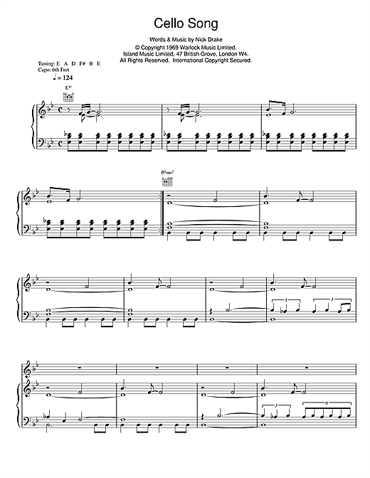 Preview Nick Drake Cello Song Rock sheet music, notes and chords for Piano, Vocal & Guitar (Right-Hand Melody), SKU: 14721 sheet music, piano notes, chords, guitar tabs, score, transpose, transcribe, how to play, guide, download, learn, tutorial, progression, song, artist, awards, billboard, mtv, vh1, tour, single, album, release