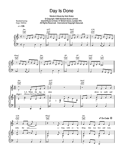Preview Nick Drake Day Is Done Rock sheet music, notes and chords for Piano, Vocal & Guitar (Right-Hand Melody), SKU: 14722 sheet music, piano notes, chords, guitar tabs, score, transpose, transcribe, how to play, guide, download, learn, tutorial, progression, song, artist, awards, billboard, mtv, vh1, tour, single, album, release