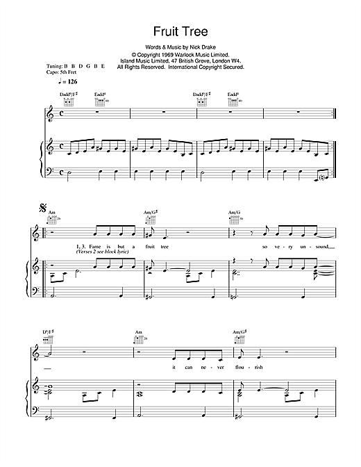 Preview Nick Drake Fruit Tree Rock sheet music, notes and chords for Piano, Vocal & Guitar (Right-Hand Melody), SKU: 14725 sheet music, piano notes, chords, guitar tabs, score, transpose, transcribe, how to play, guide, download, learn, tutorial, progression, song, artist, awards, billboard, mtv, vh1, tour, single, album, release