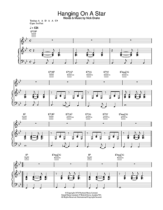 Preview Nick Drake Hanging On A Star Rock sheet music, notes and chords for Piano, Vocal & Guitar (Right-Hand Melody), SKU: 14726 sheet music, piano notes, chords, guitar tabs, score, transpose, transcribe, how to play, guide, download, learn, tutorial, progression, song, artist, awards, billboard, mtv, vh1, tour, single, album, release
