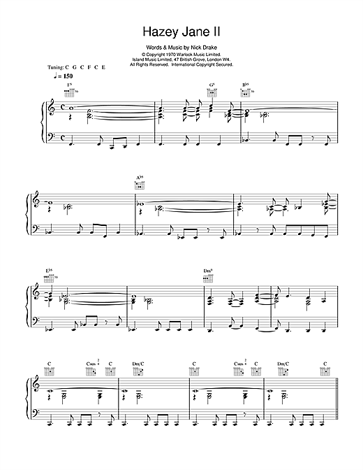 Preview Nick Drake Hazey Jane II Rock sheet music, notes and chords for Piano, Vocal & Guitar (Right-Hand Melody), SKU: 14729 sheet music, piano notes, chords, guitar tabs, score, transpose, transcribe, how to play, guide, download, learn, tutorial, progression, song, artist, awards, billboard, mtv, vh1, tour, single, album, release