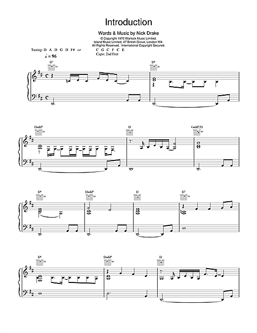 Preview Nick Drake Introduction Rock sheet music, notes and chords for Piano, Vocal & Guitar (Right-Hand Melody), SKU: 14731 sheet music, piano notes, chords, guitar tabs, score, transpose, transcribe, how to play, guide, download, learn, tutorial, progression, song, artist, awards, billboard, mtv, vh1, tour, single, album, release
