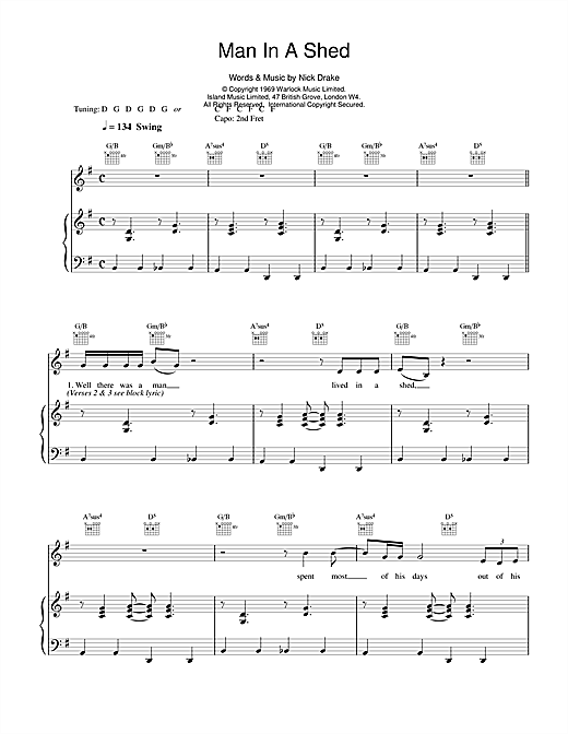 Preview Nick Drake Man In A Shed Rock sheet music, notes and chords for Piano, Vocal & Guitar, SKU: 14733 sheet music, piano notes, chords, guitar tabs, score, transpose, transcribe, how to play, guide, download, learn, tutorial, progression, song, artist, awards, billboard, mtv, vh1, tour, single, album, release