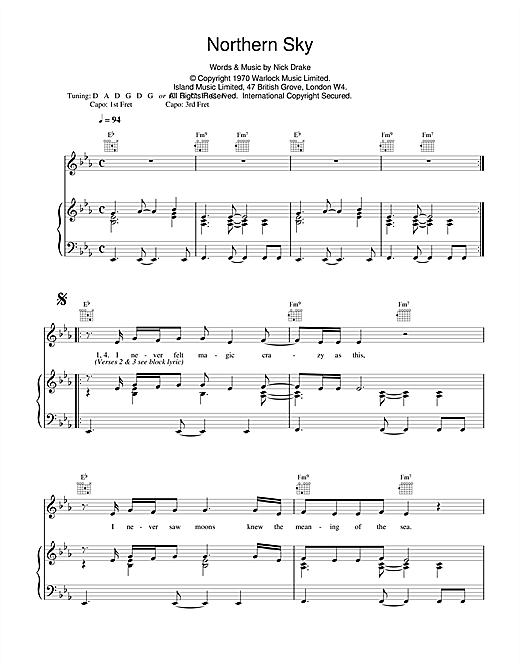 Preview Nick Drake Northern Sky Rock sheet music, notes and chords for Piano, Vocal & Guitar (Right-Hand Melody), SKU: 14734 sheet music, piano notes, chords, guitar tabs, score, transpose, transcribe, how to play, guide, download, learn, tutorial, progression, song, artist, awards, billboard, mtv, vh1, tour, single, album, release